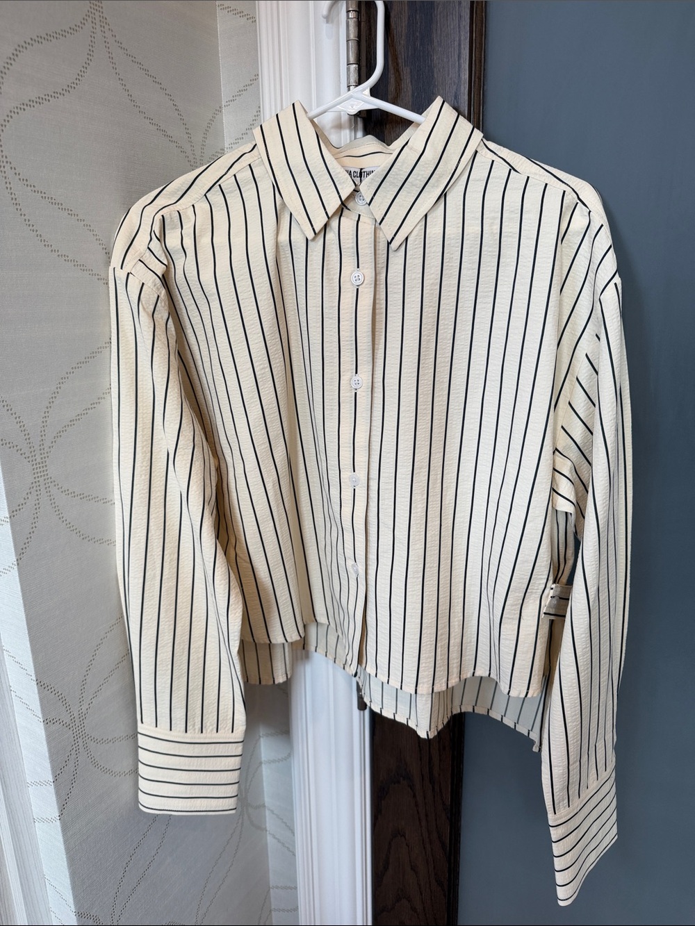 LNA Cream Vertical Black-Striped Button Front Blouse